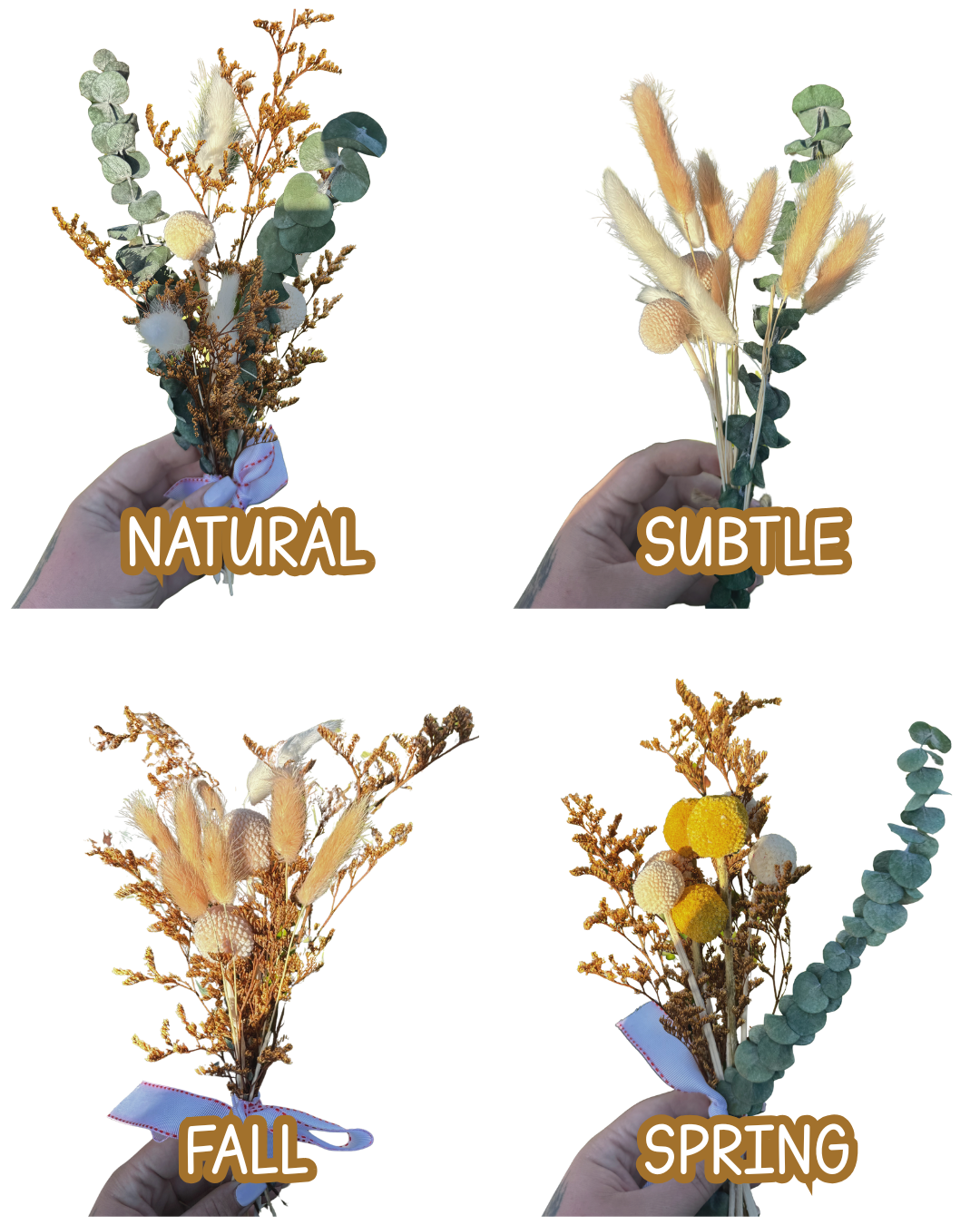 Four dried flower bouquets labeled 'Natural', 'Subtle', 'Fall', and 'Spring' on a white background.